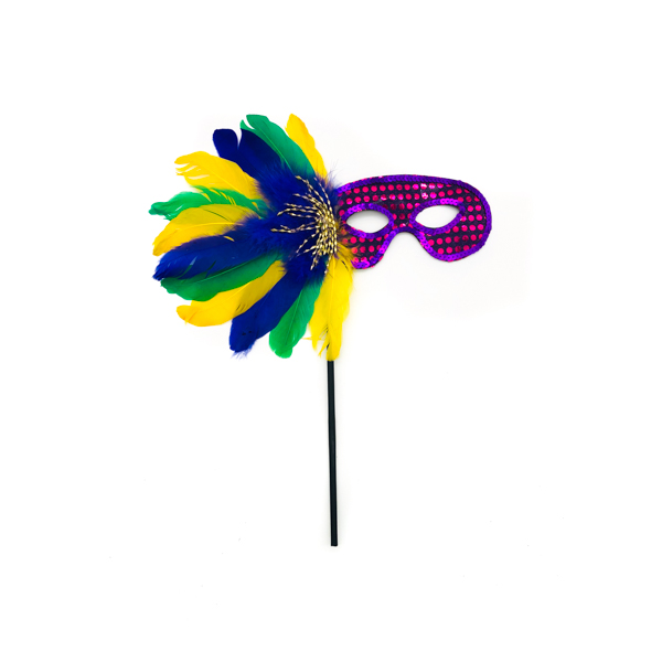 Purple Face Stick Mask With Purple, Green & Gold Feathers