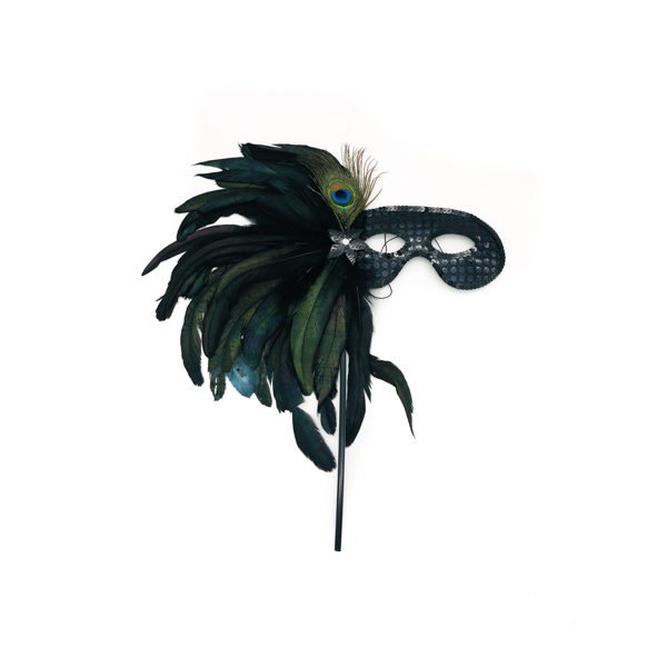 Black Face Stick Mask With Peacock Feathers