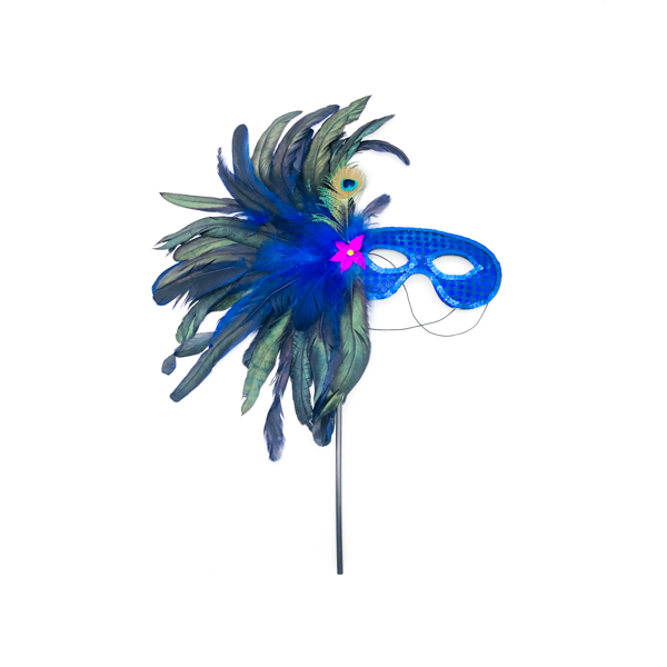 Blue Face Stick Mask With Peacock Feathers