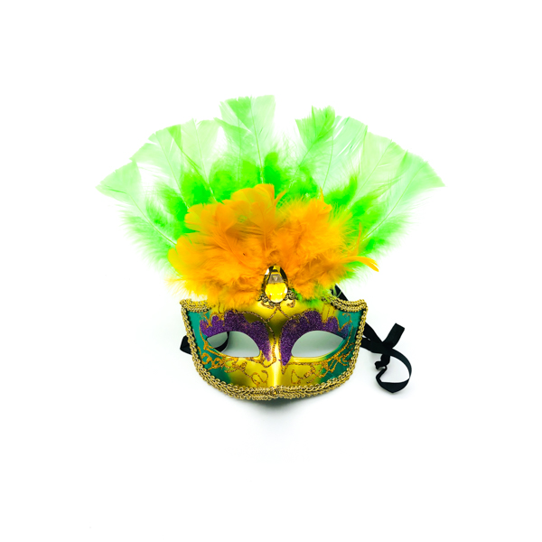 Purple, Green & Gold Face With Green & Gold Feathers – Venetian Mask