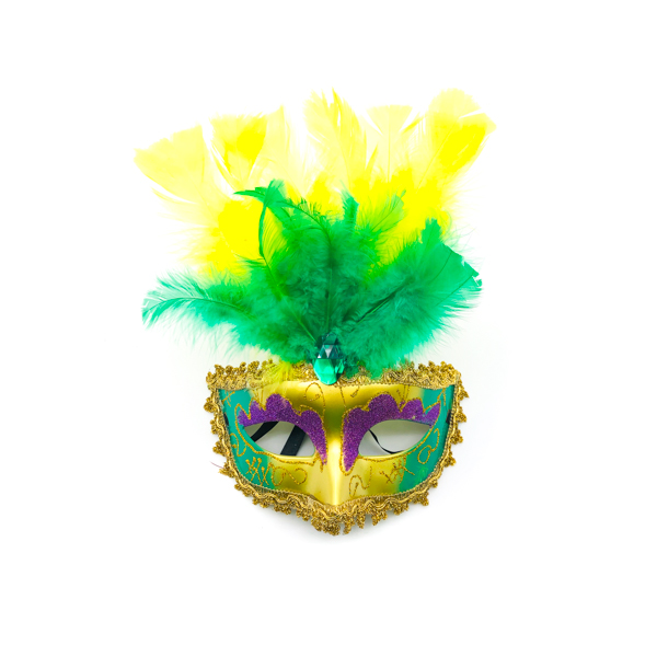 Purple, Green & Gold Face With Yellow & Green Feathers – Venetian Mask