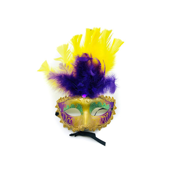Purple, Green & Gold Face With Yellow & Purple Feathers – Venetian Mask